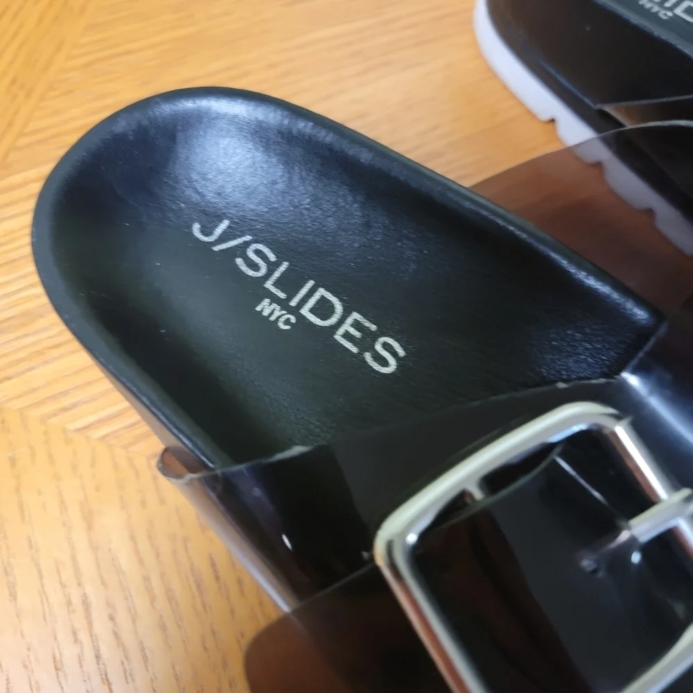 J. Slides, Black mylar double strap sandal, 8 1/2